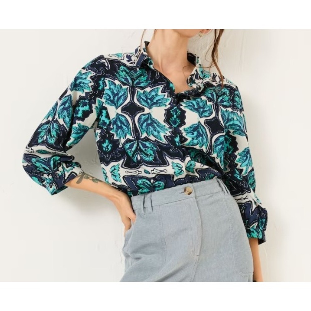 FATFACE Roxi Jade Blue Sketched Leaves Shirt
